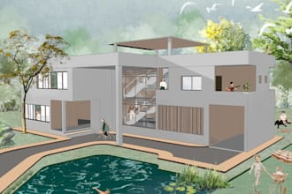 draw autocad 2d floor plan, photoshop rendering and 3d model