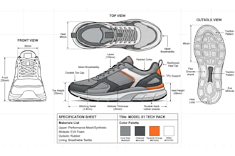 create a sneaker tech pack, shoe tech pack for manufacturing