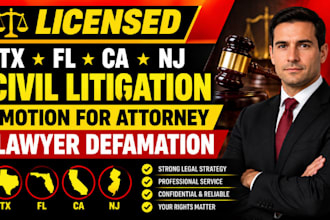 licensed texas fl ca nj civil litigation motion for attorney lawyer defamation