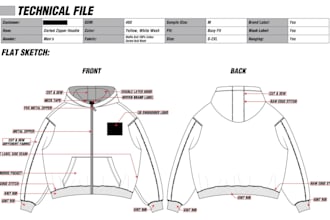 design clothing tech pack, activewear, streetwear, vector flat sketch spec sheet