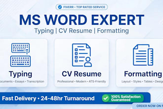 do ms word typing, cv resume design and formatting