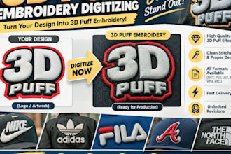 do 3d puff embroidery digitizing into dst pes file in 2 hour