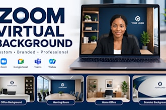 design a professional zoom virtual background with your logo and office mockup
