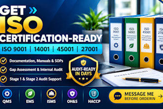 prepare iso gmp, 9001, 27001, 14001, 45001 qms isms documents and internal audit