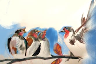 draw stylised birds in mixed mediums
