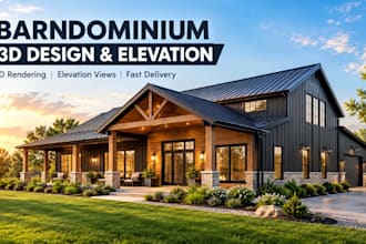 create stunning barndominium 3d design, elevation rendering