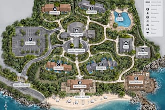 create hotel resort maps, wayfinding maps, property maps and site plans