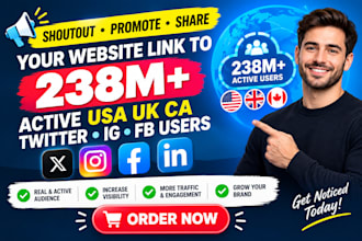 shoutout promote share website link to 238m active USA UK ca twitter ig fb user