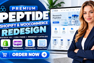 premium peptide shopify woocommerce redesign biotech UX coa form product catalog