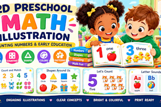 create 2d preschool math illustrations for counting numbers and early education