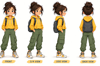 draw a hand drawn 2d character turnaround sheet for animation