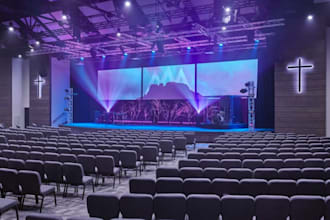 design realistic 3d church interior, stage and altar