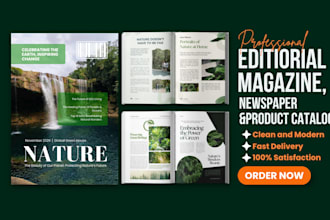 design editorial magazine layouts, newspaper, product catalog, newsletters