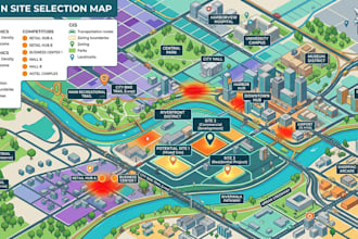 design site selection map with demographics, competitors, heatmaps and gis layer