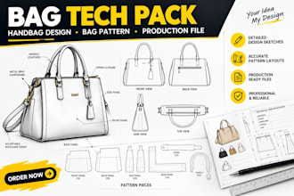 create bag tech pack, handbag design, bag pattern and production file