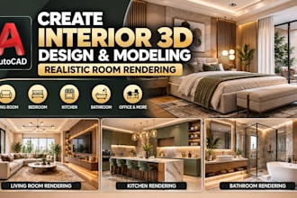 create interior 3d design, modeling and realistic room rendering in autocad