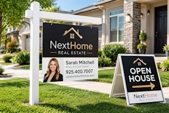 design real estate yard signs, open house signs and matching realtor sign riders