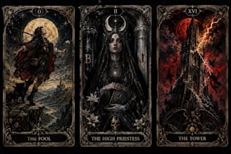 design custom tarot cards, oracle deck with dark art fantasy card illustration