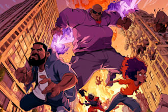 design an action packed superhero style cartoon album cover
