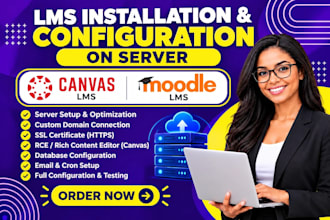 install and configure canvas lms, moodle lms on your server with domain, ssl,rce