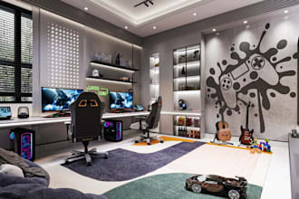 do 3d gaming room, podcast room, isometric room and talk show interior design