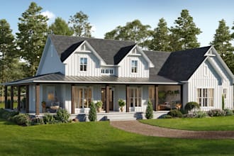 create realistic 3d farmhouse and barndominium exterior renderings