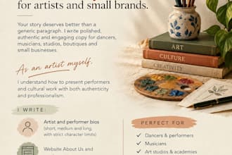 write compelling bios about us pages and brand copy for artists
