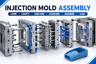 do injection mold assembly, core cavity, ejector, cooling, runner and tools cad