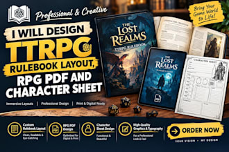 design ttrpg rulebook layout, rpg pdf and character sheet
