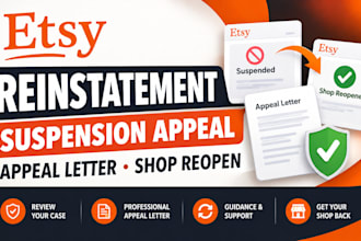 help with etsy reinstatement, suspension appeal letter and shop reopen