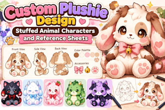 custom plushie design stuffed animal characters and reference sheet