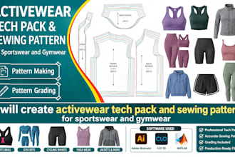 create activewear tech pack and sewing pattern for sportswear and gymwear