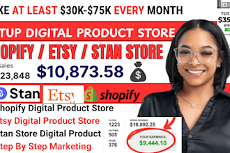 setup 7figure shopify digital product store, etsy shop, stan store digital shop