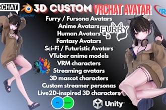 do custom 3d anime vrchat avatar, furry avatar, vtuber model with unity setup