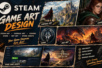 design steam art, capsule art, covers, icons, key art and store assets