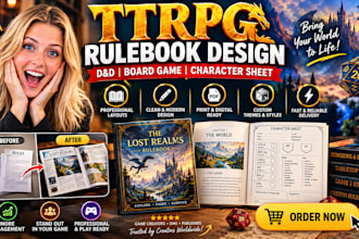 design ttrpg rulebook layout board game character sheet pdf formatting