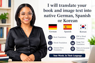 translate your  book and image  text into native german, spanish, and korean