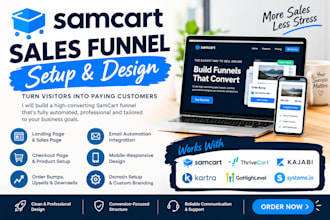 build samcart sales funnel landing page and email automation