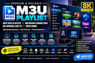 offer high quality m3u playlist, restream, 8k server, live TV app with panel
