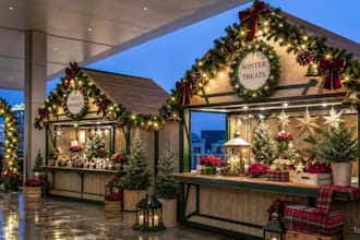 make festive 3d christmas market models and photorealistic renderings, kiosks