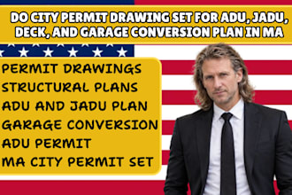 do city permit drawing set for adu, jadu, deck, and garage conversion plan in ma