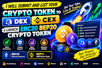 submit and list your crypto token to dex cex and launch erc20 bep20 crypto token