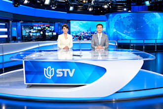 design a stunning realistic 3d TV studio, podcast studio, and television set