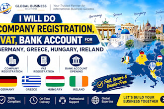do company registration, vat, bank account for germany, greece, hungary, ireland