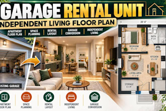 design a garage rental unit layout for comfortable independent living spaces