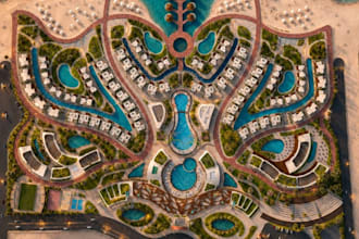 high end 3d eco resort master plan, floating beach villas, aerial view rendering
