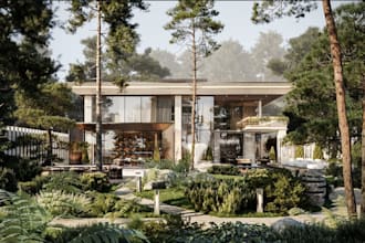 3d modern villa house,outdoor lounge,front yard design,greenery,cgi pool render