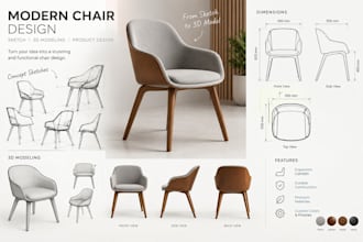 design a modern chair with 3d cad modeling and product rendering
