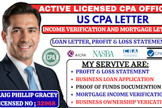 prepare US CPA letter income verification mortgage loan statemen profit and loss