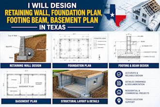 design retaining wall, foundation plan, footing beam, basement plan in texas